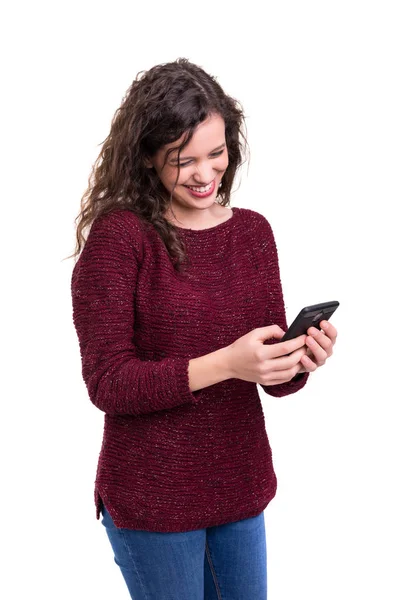 Jovem Mulher Bonita Telefone Isolado Fundo Branco — Fotografia de Stock