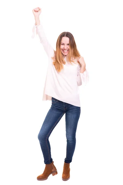 Mujer Feliz Con Los Brazos Levantados —  Fotos de Stock