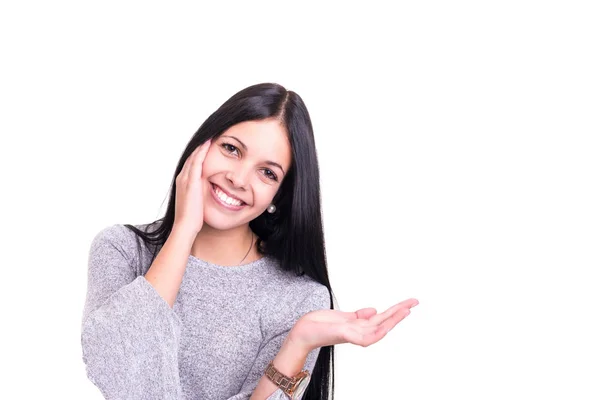 Junge Schöne Frau Präsentiert Ihr Produkt — Stockfoto