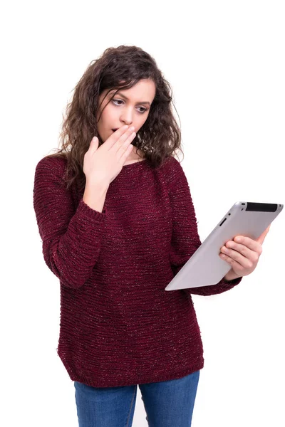 Mulher Bonita Trabalhando Com Novo Computador Tablet — Fotografia de Stock