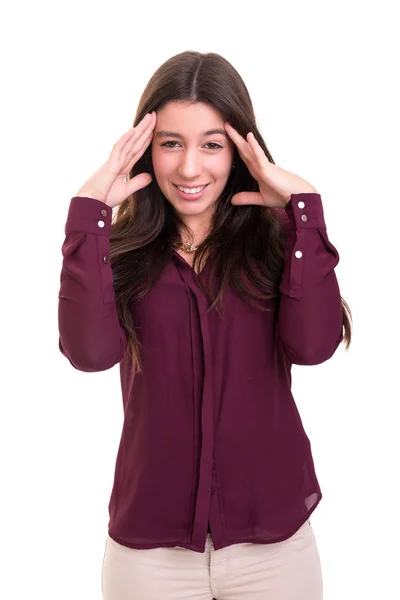 Jeune Femme Avec Fort Mal Tête Isolé Sur Fond Blanc — Photo