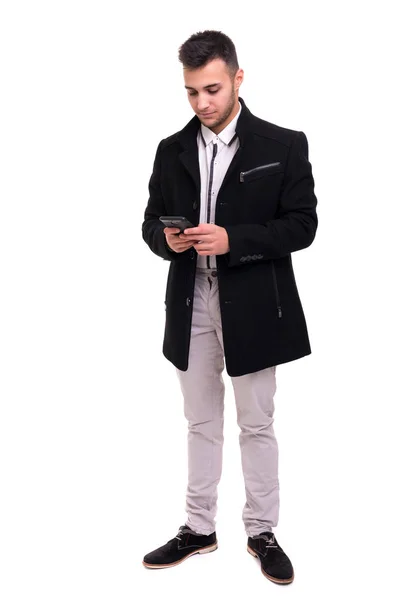 Jeune Homme Avec Smartphone Isolé Sur Fond Blanc — Photo