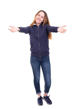 Genç kadın hugs sunan stüdyo çekim