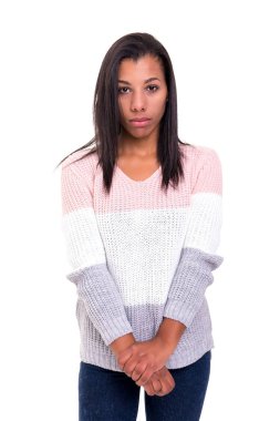 Üzgün Afrikalı kadın beyaz bitti izole stüdyo çekim