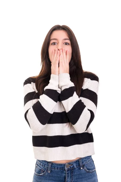 Sorpresa Giovane Donna Isolata Sfondo Bianco — Foto Stock