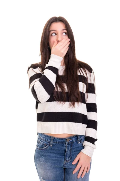 Verrast Jonge Vrouw Geïsoleerd Witte Achtergrond — Stockfoto