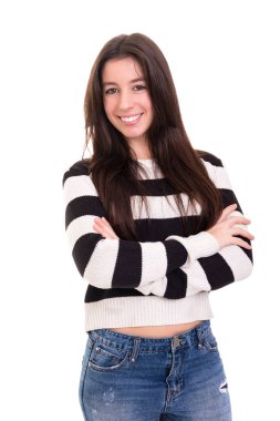 Beyaz arka plan üzerinde izole bir güzel genç casual kadın, stüdyo çekim