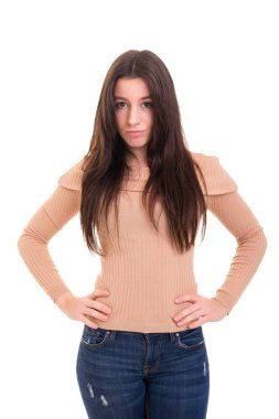 Üzgün bir kadın, beyaz arka plan üzerinde izole stüdyo çekim