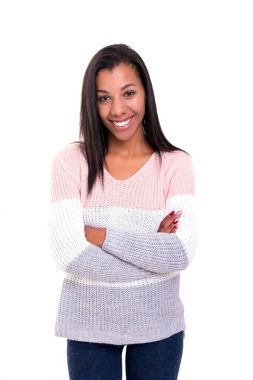 Güzel Afrikalı kadın çapraz elle beyaz arka plan üzerinde izole stüdyo çekim