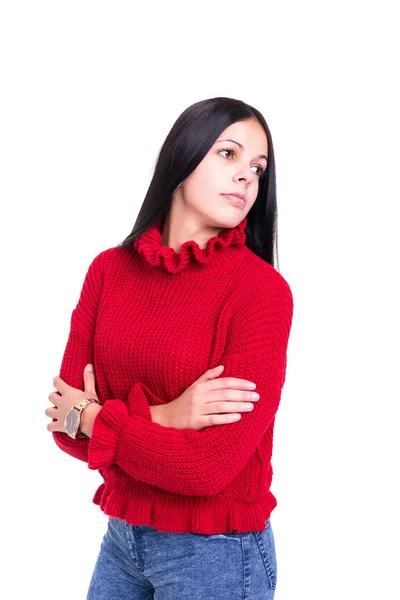 Studio Shot Jeune Femme Ayant Une Bonne Idée Debout Avec — Photo