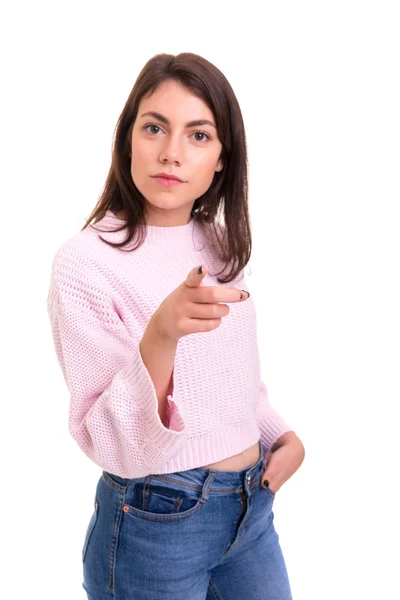 Jonge Mooie Woman Wijzend Naar Jou Geïsoleerd Witte Achtergrond — Stockfoto