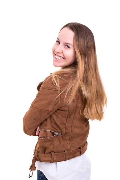 Captura Estudio Una Hermosa Joven Mujer Casual Aislada Sobre Fondo — Foto de Stock