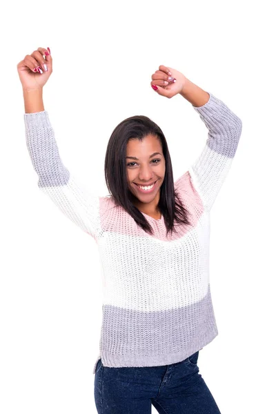 Studio Shot Beautiful African Woman Raised Hands Isolated White Background — Stock Photo, Image