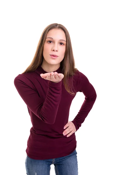 Mulher Bonita Soprando Lhe Beijo Isolado Sobre Fundo Branco — Fotografia de Stock