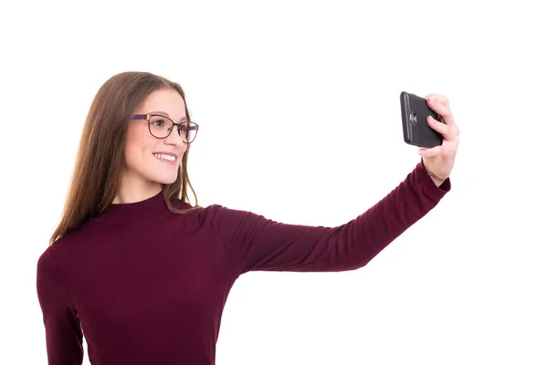 Feliz Joven Mujer Tomando Fotografía Autorretrato Través Del Teléfono Inteligente —  Fotos de Stock