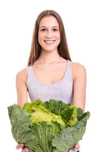 Jonge Vrouw Met Een Verse Sla Geïsoleerd Witte Achtergrond — Stockfoto