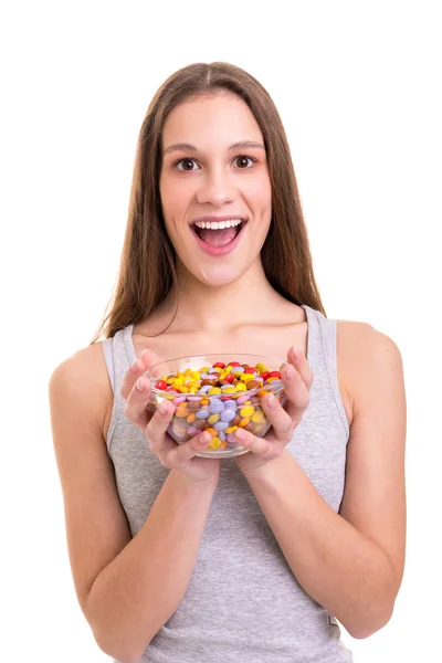 Giovane Donna Con Fiocco Caramelle Cioccolato Colorate Isolata Sfondo Bianco — Foto Stock