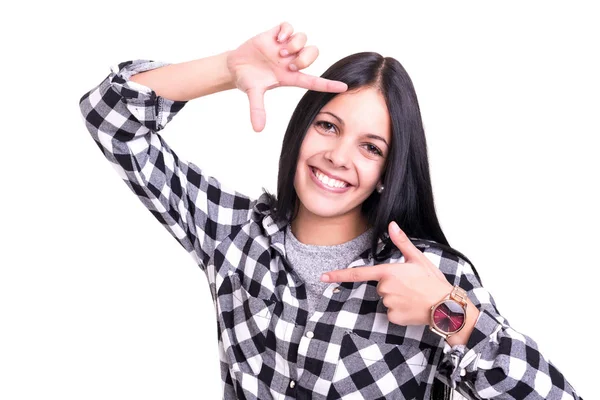 Νεαρή Γυναίκα Κάνει Διαμόρφωση Βασικών Χειρονομία Απομονωθεί Λευκό Φόντο — Φωτογραφία Αρχείου