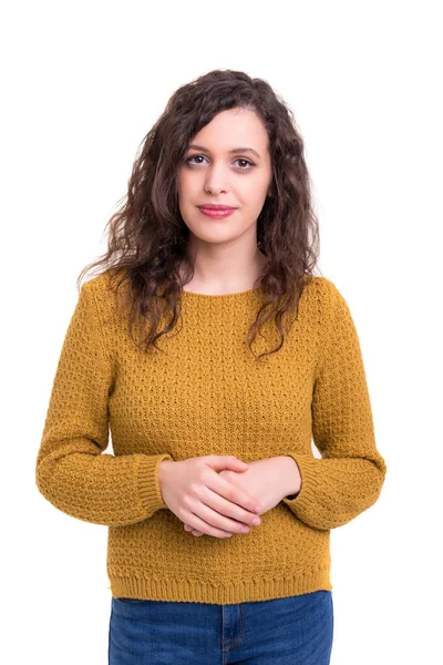 Studio Shot Van Een Mooie Jonge Casual Vrouw Geïsoleerd Witte — Stockfoto