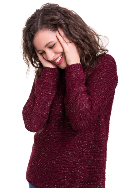 Estudio Una Hermosa Joven Mujer Casual Aislada Sobre Fondo Blanco — Foto de Stock