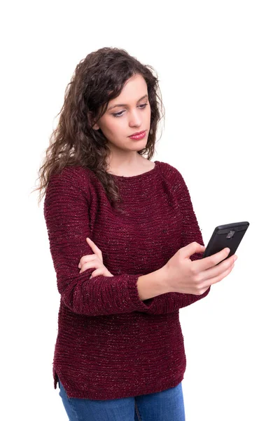 Jovem Mulher Bonita Usando Telefone Isolado Sobre Fundo Branco — Fotografia de Stock