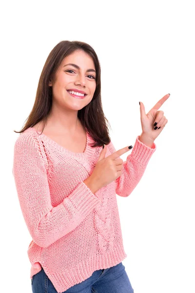 Jovem Bela Mulher Apresentando Seu Produto Isolado Sobre Fundo Branco — Fotografia de Stock