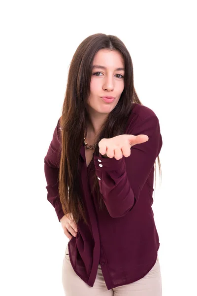 Beautiful Young Woman Blowing You Kiss Isolated White Background — Stock Photo, Image
