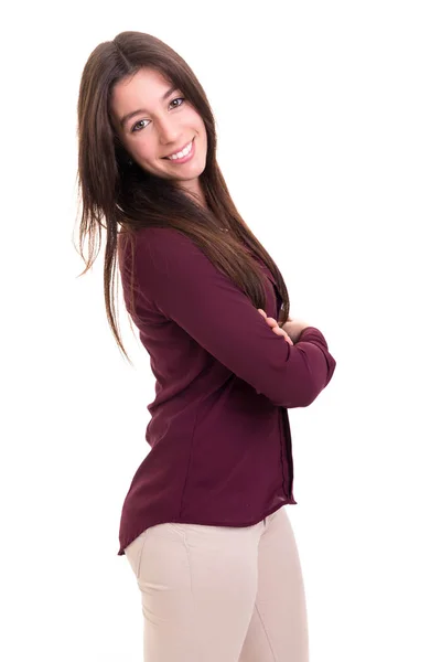 Captura Estudio Una Hermosa Joven Mujer Casual Aislada Sobre Fondo —  Fotos de Stock