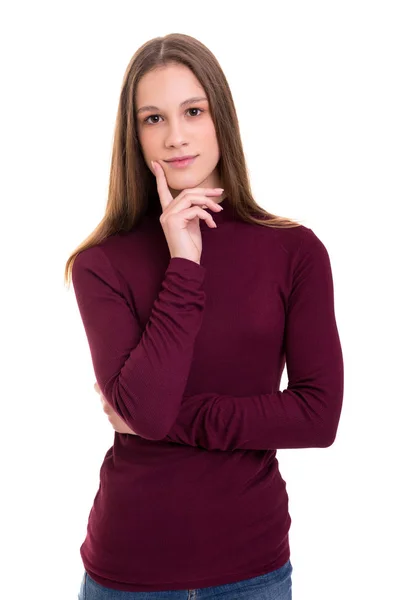 Genç Kadında Güzel Rahat Kıyafetler Beyaz Arka Plan Üzerinde Izole — Stok fotoğraf