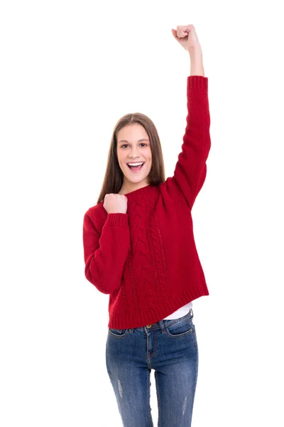 Imagen Del Estudio Mujer Feliz Con Los Brazos Levantados Aislada —  Fotos de Stock