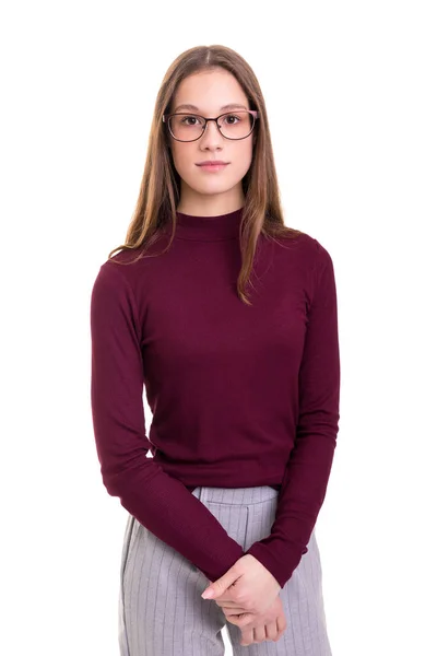 Krásná Mladá Podnikatelka Neformálním Oblečení Stojící Nad Bílým Pozadím — Stock fotografie