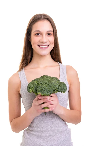 Mooie Jonge Vrouw Met Broccoli Terwijl Tegen Witte Achtergrond — Stockfoto