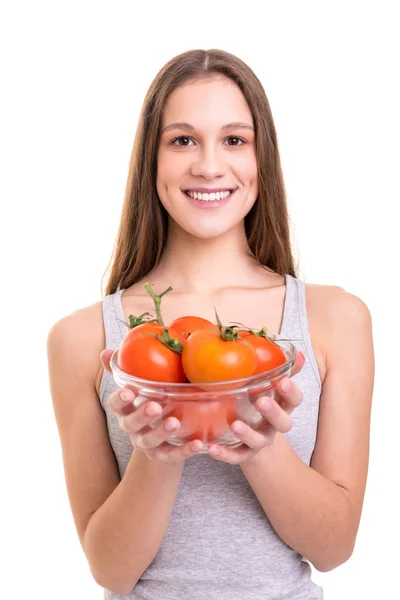 Junge Frau Mit Frischen Tomaten Der Hand Weißer Hintergrund Konzept — Stockfoto