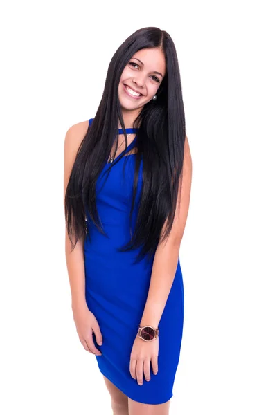 Studio Shot Beautiful Young Casual Woman Blue Dress Standing White — Stock Photo, Image