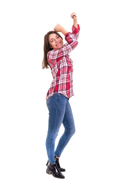 Studio Shot Glad Kvinde Med Hævede Arme Isoleret Hvid Baggrund - Stock-foto