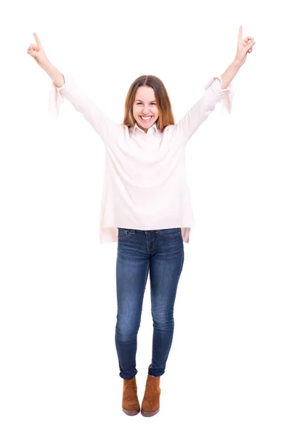 Студійний Знімок Щаслива Жінка Піднятими Руками Ізольована Білому Тлі — стокове фото