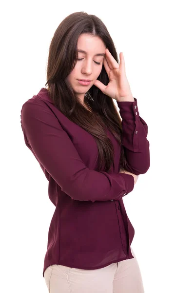 強い頭痛の種に 白い背景に分離を持つ若い女性 — ストック写真