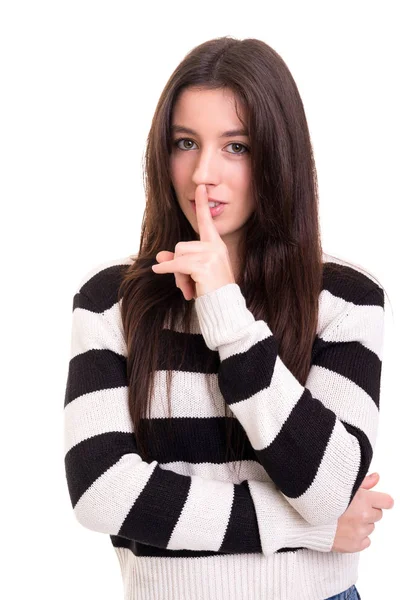 Mooie Jonge Vrouw Vragen Stilte Geïsoleerd Witte Achtergrond — Stockfoto