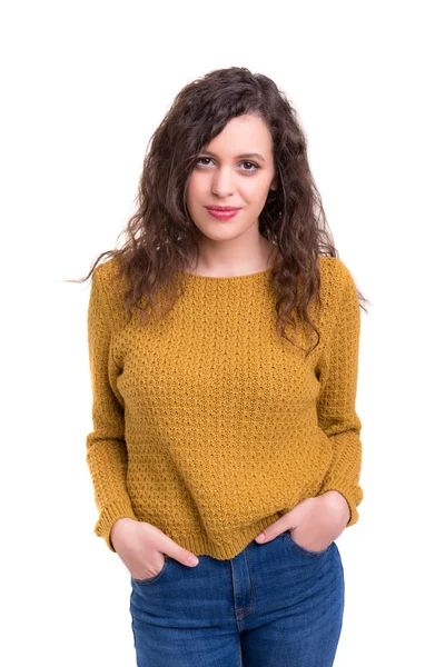 Studio Shot Van Een Mooie Jonge Casual Vrouw Geïsoleerd Witte — Stockfoto