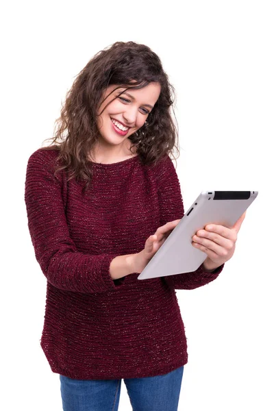 Bella Donna Che Lavora Con Nuovo Computer Tablet Isolato Sfondo — Foto Stock
