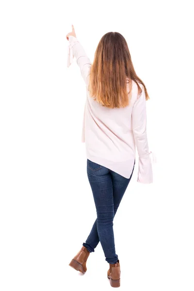 Vrouw Poseren Met Haar Rug Naar Camera Geïsoleerd Kopie Ruimte — Stockfoto