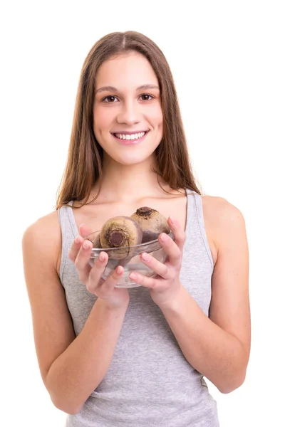 Mooie Blonde Vrouw Houden Sommige Verse Bieten Geïsoleerd Witte Achtergrond — Stockfoto