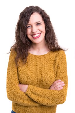 Beyaz arka plan üzerinde izole bir güzel genç casual kadın, stüdyo çekim