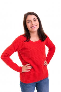 Beyaz arka plan üzerinde izole bir güzel genç casual kadın, stüdyo çekim