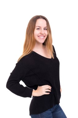 Beyaz arka plan üzerinde izole bir güzel genç casual kadın, stüdyo çekim