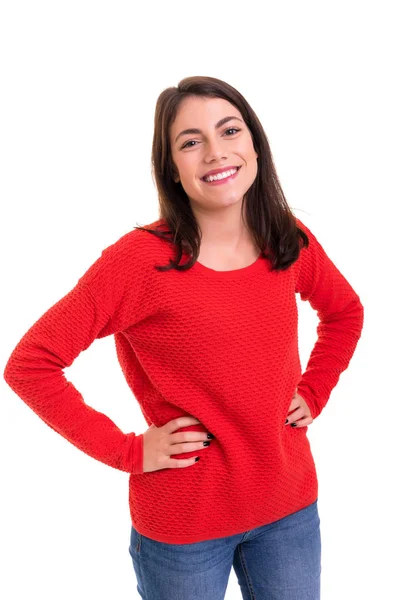 Beyaz arka plan üzerinde izole bir güzel genç casual kadın, stüdyo çekim