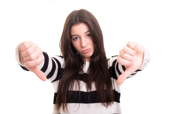 Mooie Jonge Vrouw Signalering Duimen Naar Beneden Geïsoleerd Witte Achtergrond — Stockfoto