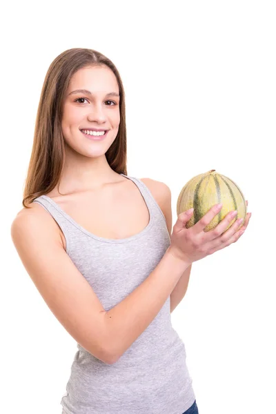Jonge Vrouw Met Een Frisse Watermeloen Geïsoleerd Witte Achtergrond — Stockfoto