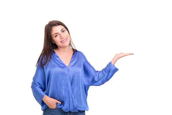 Young Woman Presenting Your Product White Background — Stock Photo, Image
