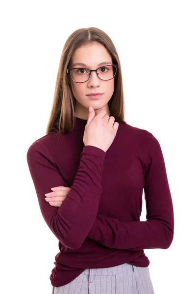 Jovem Mulher Óculos Posando Sobre Fundo Branco — Fotografia de Stock